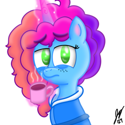 Size: 2048x2048 | Tagged: safe, artist:jesslmc16, misty brightdawn, pony, unicorn, g5, bathrobe, bust, clothes, coffee, coffee mug, female, freckles, horn, magic, mare, messy mane, mug, portrait, rebirth misty, robe, signature, simple background, solo, tired, white background