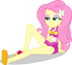 Size: 1280x1156 | Tagged: safe, artist:dustinwatsongkx, fluttershy, equestria girls, g4, bare shoulders, bow, clothes, clothes swap, female, flip-flops, geode of sugar bombs, legs, magical geodes, one-piece swimsuit, pinkie pie swimsuit, sandals, simple background, sitting, sleeveless, smiling, solo, swimsuit, swimsuit swap, transparent background