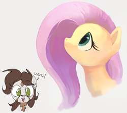 Size: 1046x929 | Tagged: safe, artist:dotkwa, fluttershy, oc, oc:deary dots, earth pony, pegasus, pony, g4, bust, duo, duo female, female, looking at you, looking up, mare, simple background, white background, wow