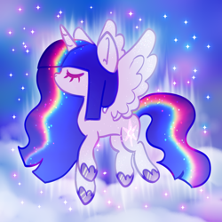 Size: 916x916 | Tagged: safe, artist:cutiesparke, twilight sparkle, alicorn, pony, g4, alternate cutie mark, alternate design, alternate hairstyle, cloud, colored wings, ear fluff, ethereal mane, ethereal tail, eyes closed, female, flying, gradient hooves, gradient wings, hoof shoes, solo, sparkles, spread wings, tail, wings