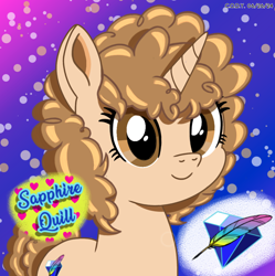 Size: 1980x1986 | Tagged: safe, artist:codenamekid, oc, oc only, oc:sapphire g. quill, pony, unicorn, curly mane, cutie mark, eyelashes, female, gem, gradient background, highlights, horn, looking at you, mare, quill, shading, smiling, smiling at you, solo, text