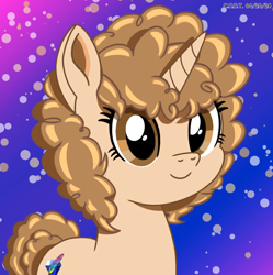 Size: 1980x1986 | Tagged: safe, artist:codenamekid, oc, oc only, oc:sapphire g. quill, pony, unicorn, curly mane, cute, eyelashes, female, gem, gradient background, highlights, horn, looking at you, mare, ocbetes, quill, shading, smiling, smiling at you, solo