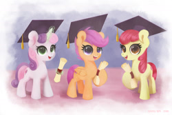 Size: 2400x1600 | Tagged: safe, artist:darksly, apple bloom, scootaloo, sweetie belle, earth pony, pegasus, pony, unicorn, g4, atg 2024, cutie mark crusaders, diploma, female, filly, foal, glowing, glowing horn, graduation cap, hat, horn, levitation, magic, newbie artist training grounds, open mouth, open smile, smiling, telekinesis, trio