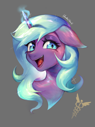 Size: 1080x1440 | Tagged: safe, artist:unclechai, radiant hope, crystal pony, pony, unicorn, g4, blue eyes, blue mane, bust, female, gray background, horn, magic, simple background, smiling, solo