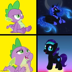 Size: 500x500 | Tagged: safe, artist:c-puff, editor:railpony, spike, oc, oc:nyx, alicorn, dragon, pony, fanfic:past sins, g4, alicorn oc, armor, boots, breatplate, brooding, brother and sister, crescent moon, dawn, duo, ethereal hair, eyeshadow, female, female oc, filly oc, folded wings, hairband, headband, horn, hotline bling, imgflip, makeup, male, mare oc, meme, moon, morning sky, night, night sky, nightmare nyx, ponified meme, pony oc, shoes, siblings, sky, slit pupils, spread wings, sunrise, winged spike, wings