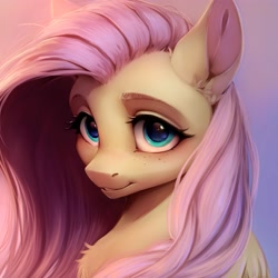 Size: 4000x4000 | Tagged: safe, artist:miokomata, fluttershy, pegasus, pony, g4, absurd resolution, bust, chest fluff, colored pinnae, female, freckles, freckleshy, gradient background, looking at you, mare, portrait, smiling, smiling at you, solo, three quarter view