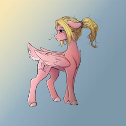 Size: 4000x4000 | Tagged: safe, artist:miokomata, oc, oc only, oc:mio, pegasus, pony, concave belly, deer tail, female, floppy ears, freckles, gradient background, mare, ponytail, solo, tail, turned head