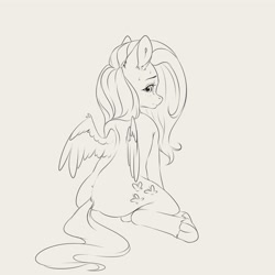 Size: 4000x4000 | Tagged: safe, artist:miokomata, fluttershy, pegasus, pony, g4, black and white, butt, female, flutterbutt, freckles, freckleshy, frog (hoof), grayscale, lineart, looking at you, looking back, looking back at you, mare, monochrome, partially open wings, plot, rear view, simple background, solo, underhoof, white background, wings