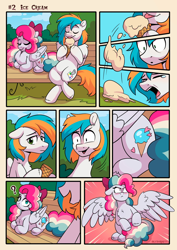 Size: 1810x2560 | Tagged: safe, artist:skysorbett, oc, oc only, oc:sky sorbet, oc:twister joy, pegasus, pony, 9 panel comic, angry, bench, blushing, comic, crying, duo, duo male and female, eyebrows, eyes closed, female, folded wings, food, frame, frown, high res, ice cream, lying down, male, mini comic, one page comic, open mouth, open smile, pegasus oc, ponyloaf, prone, signature, sitting, smiling, spread wings, stallion, text, upset, wings