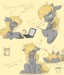 Size: 4992x5856 | Tagged: safe, artist:cirtierest, oc, oc only, oc:cir tierest, earth pony, pony, clock, coffee, coffee cup, computer, cup, envelope, glasses, male, not derpy, onomatopoeia, solo, sound effects, zzz