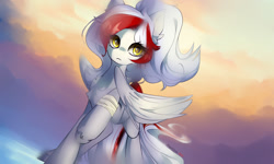 Size: 1410x844 | Tagged: safe, artist:pepelitsa, oc, oc only, oc:awya lightfeather, pegasus, pony, bandage, female, frown, mare, raised hoof, sky, solo