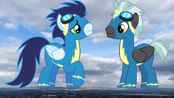 Size: 1920x1080 | Tagged: safe, artist:chainchomp2 edits, edit, editor:jaredking779, soarin', thunderlane, pegasus, pony, g4, clothes, duo, duo male, folded wings, giant pony, goggles, highrise ponies, irl, macro, male, mountain, photo, ponies in real life, raised hoof, scenery, smiling, stallion, story included, uniform, united kingdom, wings, wonderbolts uniform