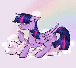 Size: 2000x1800 | Tagged: safe, artist:c_mom, twilight sparkle, alicorn, pony, g4, cloud, female, mare, on a cloud, smiling, solo, twilight sparkle (alicorn), underhoof