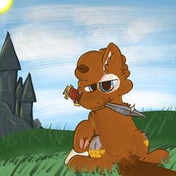 Size: 2048x2048 | Tagged: safe, artist:felixmcfurry, oc, oc only, oc:dukedepthstar, earth pony, brown fur, castle, earth pony oc, looking at you, looking back, missing accessory, outdoors, ponysona, shading, solo, sun, sword, underhoof, weapon