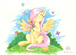 Size: 7018x5093 | Tagged: safe, artist:the-wizard-of-art, fluttershy, butterfly, pegasus, pony, g4, absurd resolution, blushing, eyes closed, female, flower, grin, happy, heart's desire, holding, mare, raised hoof, sitting, smiling, solo, spread wings, traditional art, watercolor painting, wings