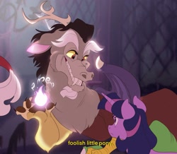 Size: 2047x1785 | Tagged: safe, artist:creaturedeer, discord, twilight sparkle, alicorn, draconequus, pony, unicorn, g4, g5, ..., dialogue, don bluth, don bluth style, duo, female, fire, frown, grin, horn, magic, male, mare, reference, smiling, snaggletooth, story included, style emulation, twilight sparkle (alicorn)
