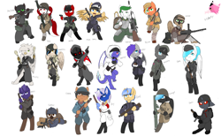 Size: 6768x4180 | Tagged: safe, artist:mairiathus, oc, oc:copper cap, oc:lunar spice, oc:moon sparks, oc:opal rosamond, oc:red rocket, oc:snowy smarty, changeling, dragon, earth pony, griffon, pegasus, unicorn, ammunition belt, boots, clothes, female, gun, helmet, horn, lying down, machine gun, male, mare, prone, rifle, rocket launcher, shoes, soldier, stallion, uniform, weapon, world war ii