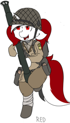 Size: 744x1305 | Tagged: safe, artist:mairiathus, oc, oc:red rocket, unicorn, ammunition belt, boots, clothes, female, helmet, horn, mare, military, military uniform, rocket launcher, shoes, soldier, uniform, weapon, world war ii