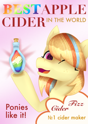 Size: 2480x3508 | Tagged: safe, artist:aasuri-art, oc, oc only, oc:cider fizz, earth pony, pony, artfight, artfight 2024, bangs, cider, freckles, half body, high res, looking at you, one eye closed, open mouth, pink eyes, shiny eyes, shiny mane, smiling, smiling at you, solo, yellow skin