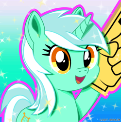 Size: 1980x1986 | Tagged: safe, artist:codenamekid, lyra heartstrings, pony, unicorn, g4, background pony, cel shading, cute, female, foam finger, gradient background, highlights, horn, looking at you, lyrabetes, mare, open mouth, open smile, outline, raised hoof, shading, smiling, smiling at you, solo, sparkles