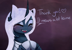 Size: 1444x993 | Tagged: safe, artist:magnaluna, princess luna, alicorn, pony, g4, alternate design, blushing, bust, curved horn, cute, dialogue, ear fluff, eyes closed, eyeshadow, fangs, female, fluffy, heart, hooves together, horn, lunabetes, makeup, mare, open mouth, open smile, smiling, solo, thank you, tumblr, white hair, white-haired luna