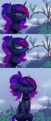 Size: 1500x3538 | Tagged: safe, artist:magnaluna, princess luna, alicorn, cat, cat pony, original species, pony, g4, 3 panel comic, blushing, catified, catnip, cheek bulge, cheek fluff, chest fluff, comic, ear fluff, eating, ethereal mane, eyes closed, female, floppy ears, folded wings, grumpy luna, horn, looking at something, mare, mountain, neck fluff, nom, outdoors, plant, profile, side view, sitting, slit pupils, sniffing, solo, species swap, whiskers, wings