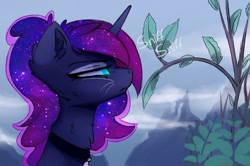 Size: 1500x995 | Tagged: safe, artist:magnaluna, princess luna, alicorn, cat, cat pony, original species, pony, g4, catnip, cheek fluff, chest fluff, ear fluff, ethereal mane, female, horn, looking at something, mare, mountain, outdoors, plant, profile, side view, slit pupils, sniffing, solo, whiskers