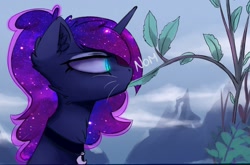 Size: 1500x989 | Tagged: safe, artist:magnaluna, princess luna, alicorn, cat, cat pony, original species, pony, g4, catnip, cheek fluff, chest fluff, ear fluff, eating, ethereal mane, female, horn, looking at something, mare, mountain, neck fluff, nom, outdoors, plant, profile, side view, slit pupils, solo, whiskers