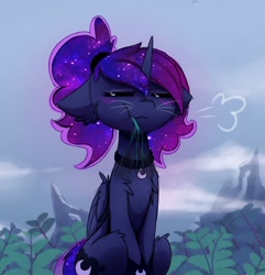 Size: 1500x1554 | Tagged: safe, artist:magnaluna, princess luna, alicorn, cat, cat pony, original species, pony, g4, blushing, catnip, cheek bulge, cheek fluff, chest fluff, ear fluff, eating, ethereal mane, eyes closed, female, folded wings, horn, mare, mountain, outdoors, plant, sitting, solo, whiskers, wings