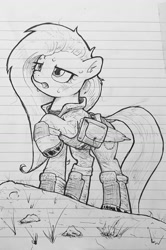 Size: 857x1291 | Tagged: safe, artist:whiskeypanda, fluttershy, pegasus, pony, g4, bag, clothes, folded wings, ink drawing, lined paper, messy mane, saddle bag, solo, traditional art, uniform, wings