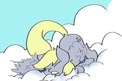 Size: 2393x1599 | Tagged: safe, artist:ponny, derpy hooves, pegasus, pony, g4, cloud, colored, dock, drool, eyes closed, female, mare, on a cloud, sleeping, solo, tail