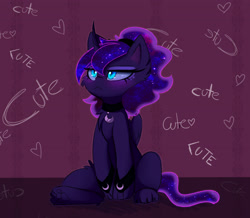 Size: 3000x2618 | Tagged: safe, artist:magnaluna, princess luna, alicorn, cat, cat pony, original species, pony, g4, :<, cat paws, catified, cheek fluff, curved horn, cute, ethereal mane, ethereal tail, female, folded wings, grumpy luna, heart, high res, horn, i'm not cute, lunabetes, mare, paw pads, paws, sitting, slit pupils, solo, species swap, tail, underpaw, wings