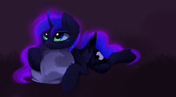 Size: 1954x1079 | Tagged: safe, artist:magnaluna, princess luna, alicorn, pony, g4, cheek fluff, cute, ear fluff, ethereal mane, ethereal tail, female, fluffy, folded wings, horn, leg fluff, lunabetes, lying down, mare, moon pillow, pillow, prone, solo, sploot, tail, wings