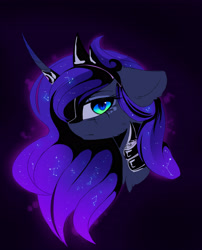 Size: 2400x2967 | Tagged: safe, artist:magnaluna, princess luna, alicorn, pony, g4, armor, bust, constellation, constellation hair, crown, curved horn, female, high res, horn, jewelry, looking at you, mare, portrait, profile, regalia, side view, slit pupils, solo