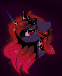 Size: 2400x2967 | Tagged: safe, artist:magnaluna, princess luna, alicorn, pony, g4, alternate hair color, armor, blood moon, blood moon luna, bust, constellation, constellation hair, crown, curved horn, female, high res, horn, jewelry, looking at you, mare, portrait, profile, regalia, side view, slit pupils, solo