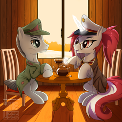 Size: 2000x2000 | Tagged: safe, artist:theuser, oc, oc only, oc:red rocket, oc:verbose maxim, earth pony, unicorn, equestria at war mod, chair, clothes, cup, duo, female, hat, horn, looking at each other, looking at someone, magic, male, mare, stallion, table, teacup, teapot, telekinesis, uniform