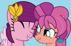 Size: 1266x816 | Tagged: safe, artist:jadeharmony, pipp petals, sunny starscout, earth pony, pegasus, pony, g5, blue background, duo, duo female, eyes closed, female, lesbian, looking at each other, looking at someone, mare, ship:petalscout, shipping, simple background