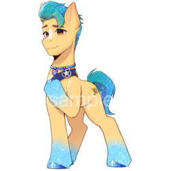 Size: 2500x2500 | Tagged: safe, artist:xiaowu07, hitch trailblazer, earth pony, pony, g5, my little pony: make your mark, my little pony: make your mark chapter 6, secrets of starlight, blaze (coat marking), coat markings, colored fetlocks, eyebrows, eyebrows visible through hair, facial markings, gradient legs, jewelry, looking at you, male, necklace, obtrusive watermark, sheriff's badge, simple background, smiling, smiling at you, solo, sparkly, sparkly fetlocks, sparkly hooves, sparkly mane, stallion, unshorn fetlocks, watermark, white background