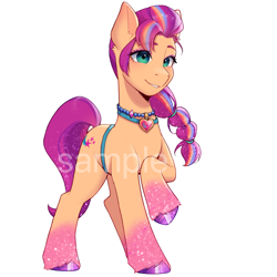 Size: 2500x2500 | Tagged: safe, artist:xiaowu07, sunny starscout, earth pony, pony, g5, my little pony: make your mark, my little pony: make your mark chapter 6, secrets of starlight, eyebrows, eyebrows visible through hair, female, hairband, heart locket, jewelry, locket, looking at you, mane stripe sunny, mare, necklace, obtrusive watermark, rainbow of light, simple background, smiling, smiling at you, solo, sparkly hooves, sparkly mane, unshorn fetlocks, watermark, white background