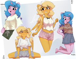 Size: 5200x4000 | Tagged: safe, artist:potato22, izzy moonbow, oc, oc:mareota, pegasus, unicorn, anthro, plantigrade anthro, g5, :p, abstract background, absurd resolution, blouse, bracelet, breasts, clothes, denim, denim shorts, female, flexible, grin, horn, jewelry, kneeling, midriff, miniskirt, one eye closed, open mouth, open smile, paint splatter, paint stains, reasonably sized breasts, shirt, shorts, skirt, smiling, splits, t-shirt, tank top, tongue out