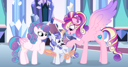 Size: 1280x671 | Tagged: safe, artist:velveagicsentryyt, princess cadance, princess flurry heart, oc, oc:sparkling lapis, pony, g4, brother and sister, brush, colt, female, foal, magic, male, mare, mother and child, mother and daughter, mother and son, offspring, older, older flurry heart, parent:princess cadance, parent:shining armor, parents:shiningcadance, siblings, trio