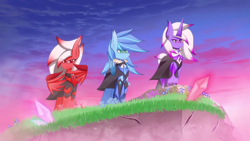 Size: 1920x1080 | Tagged: safe, artist:damario, oc, oc only, pony, anime style, cliff, crystal, irisya, trio, youtube link