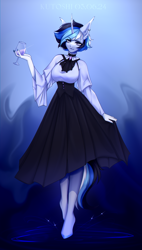 Size: 1708x3000 | Tagged: safe, artist:kutoshi, unicorn, anthro, unguligrade anthro, clothes, dress, ear fluff, female, glass, horn, looking at you, solo, standing, wine glass