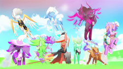 Size: 1920x1080 | Tagged: safe, artist:damario, oc, oc only, pegasus, pony, unicorn, anime style, candy, ear piercing, earring, female, food, hat, horn, irisya, jewelry, leonine tail, lollipop, male, mare, piercing, stallion, sword, tail, tongue piercing, weapon, youtube link