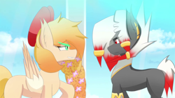 Size: 1920x1080 | Tagged: safe, artist:damario, oc, oc only, oc:ashe, oc:kalya sunlight, earth pony, pegasus, pony, anime style, bow, duo, ear piercing, hair bow, irisya, jewelry, looking at each other, looking at someone, piercing, youtube link