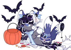 Size: 1384x980 | Tagged: safe, artist:zorixn, oc, oc only, oc:oreo cream, bat, pegasus, pony, candy, clothes, female, food, lollipop, mare, pumpkin bucket, scarf, simple background, socks, solo, transparent background