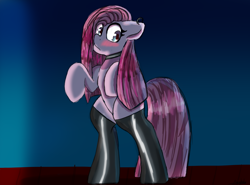 Size: 2700x2000 | Tagged: safe, artist:psychotix, pinkie pie, earth pony, pony, g4, bipedal, blushing, choker, chokerpie, clothes, ear piercing, human shoulders, kinkamena, latex, latex socks, looking at you, penumbra, piercing, pinkamena diane pie, socks, solo