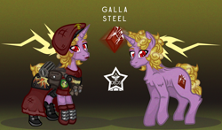 Size: 1700x1000 | Tagged: safe, artist:devorierdeos, oc, oc only, oc:galla steel, pony, unicorn, armor, beret, clothes, cutie mark, gradient background, hat, horn, lighting, military uniform, red eye army, reference sheet, solo, uniform