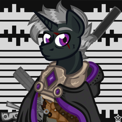 Size: 1024x1024 | Tagged: safe, artist:devorierdeos, oc, oc only, oc:black pawn, unicorn, fallout equestria, armor, bust, eye scar, facial scar, flack, horn, invisibility cloak, portrait, raincoat, scar, solo, zebra rifle