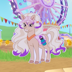 Size: 521x520 | Tagged: safe, horse, bailey (wild manes), banner, barely pony related, cardboard cutout, clothes, ears up, equine, ferris wheel, full body, game screencap, gradient muzzle, hat, long mane, looking at you, multicolored body, multicolored hair, pc game, png, roblox, saddle, smiling, smiling at you, tack, video game, water bottle, wild manes, wild manes on roblox